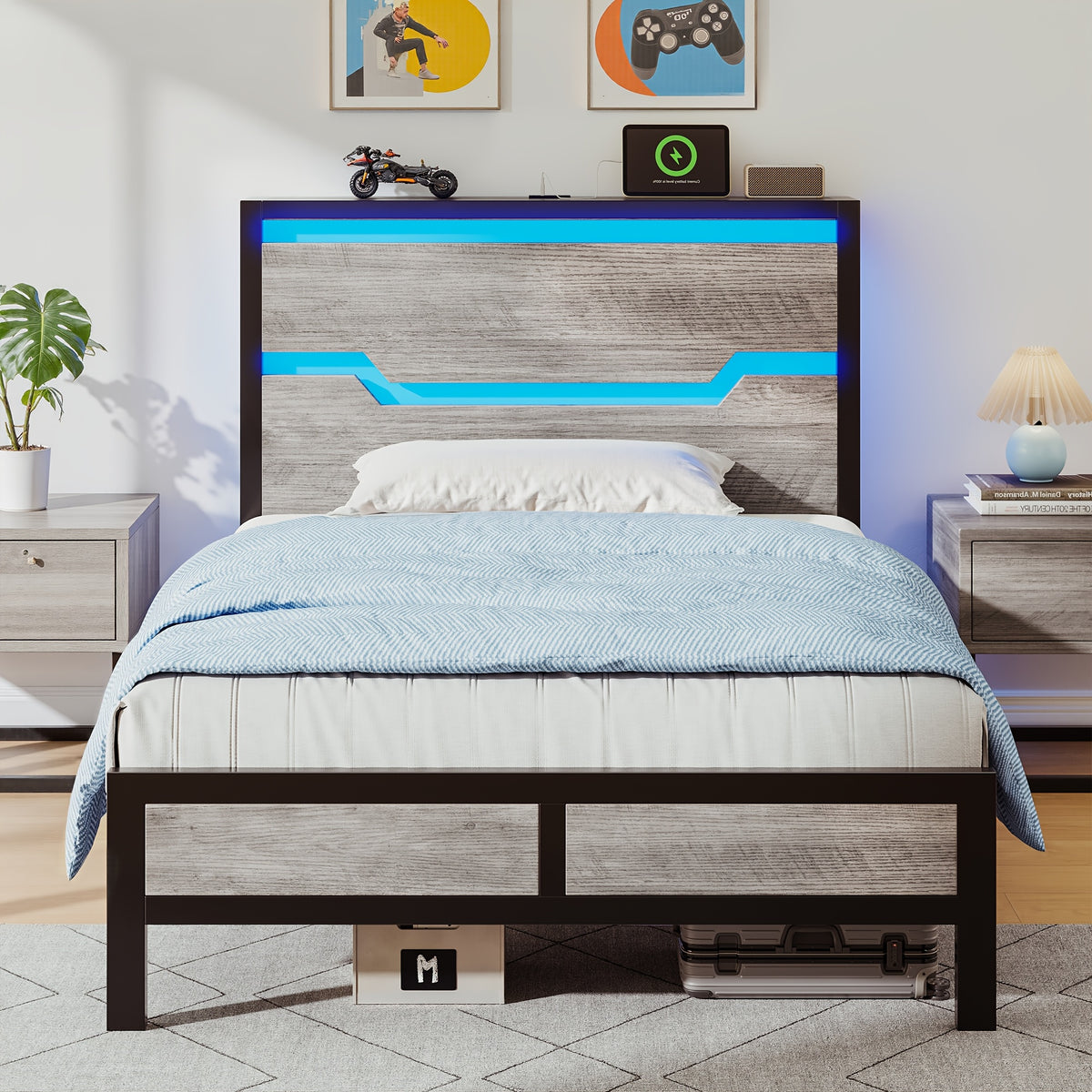 bed frame usb ports led lights headboard shelf heavy duty - Temu