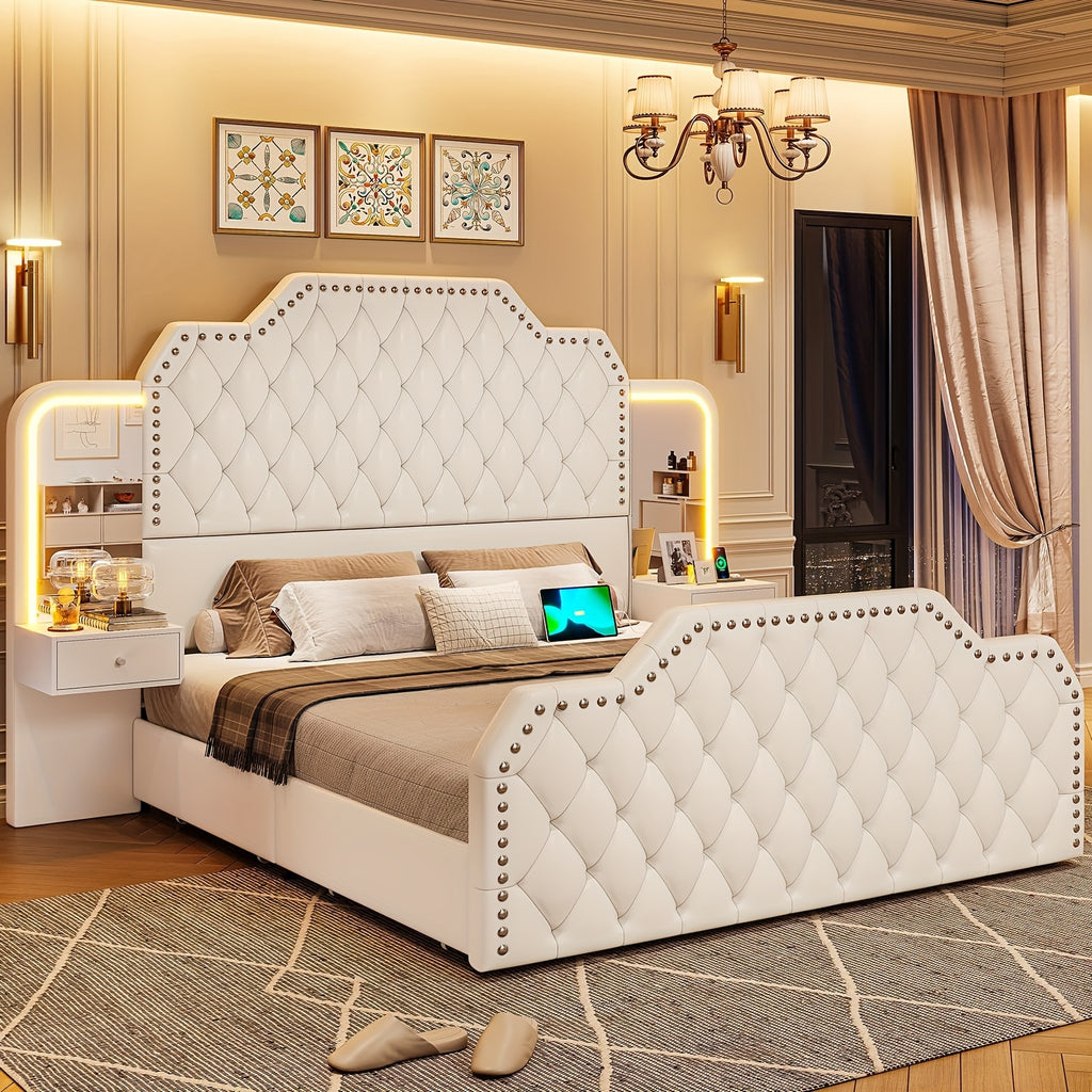 queen size bed frame 2 nightstands mirror modern platform - Temu