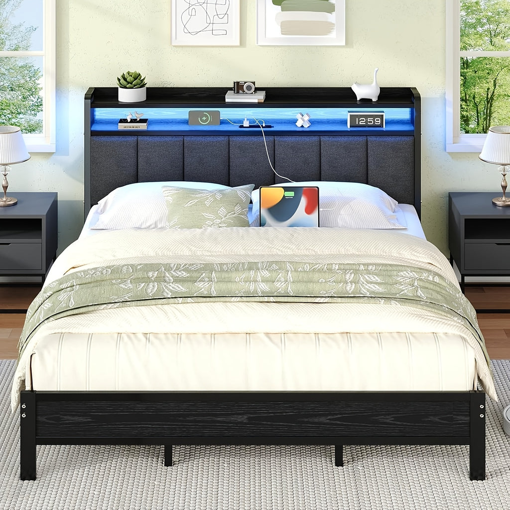 twin full queen king bed frame storage headboard led lights - Temu