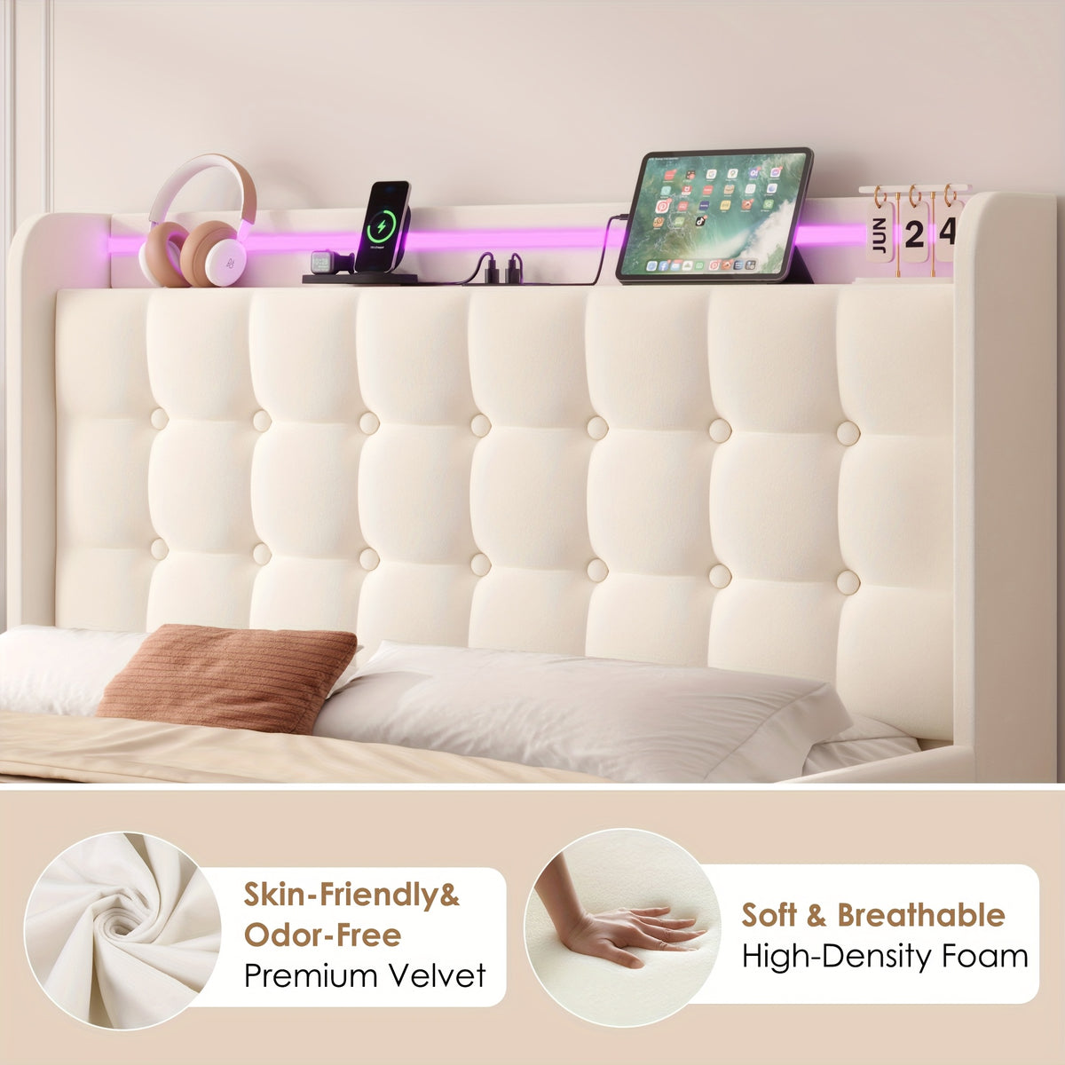 twin full queen upholstered bed frame led lights charging - Temu
