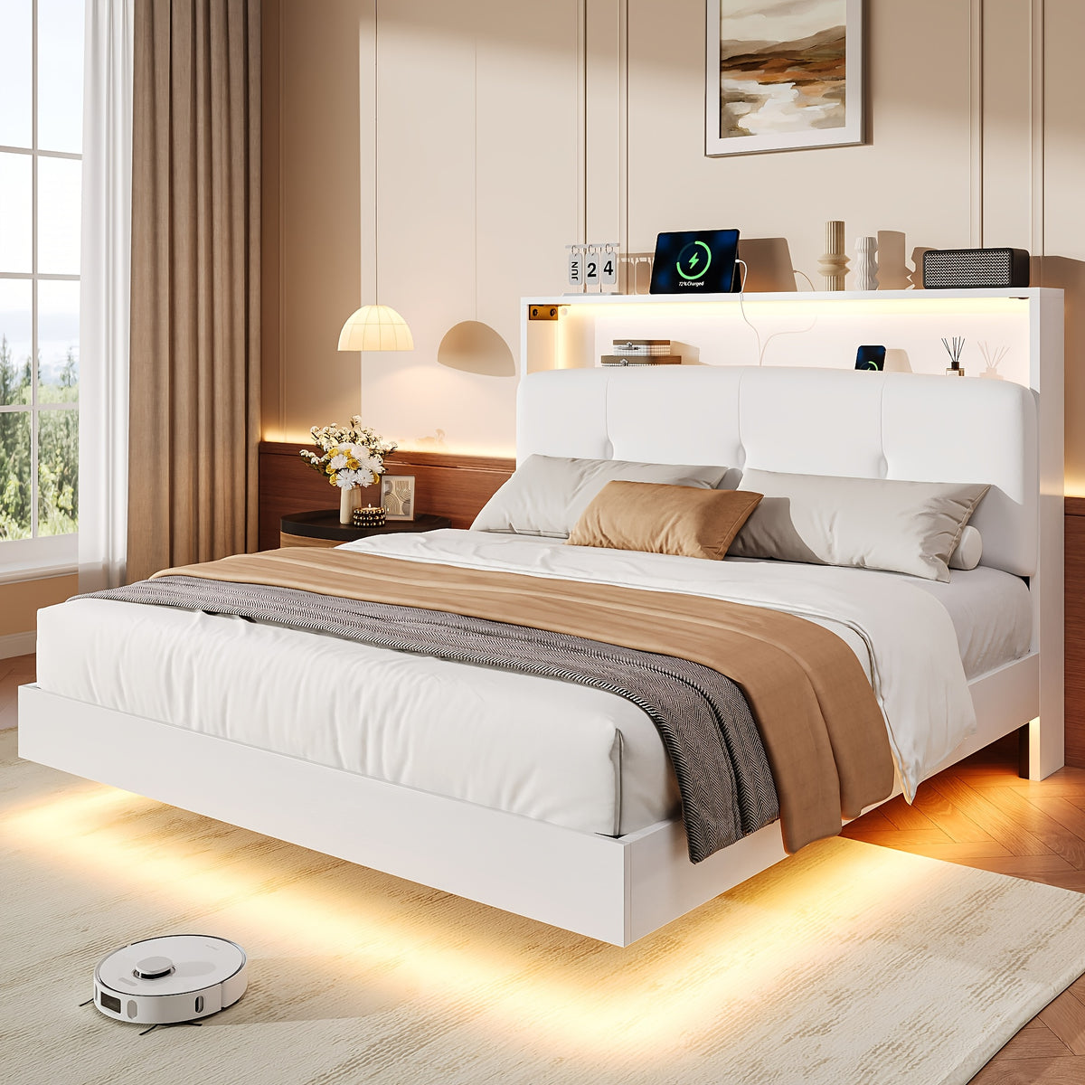 modern bed frame led lightings storage headboard - Temu