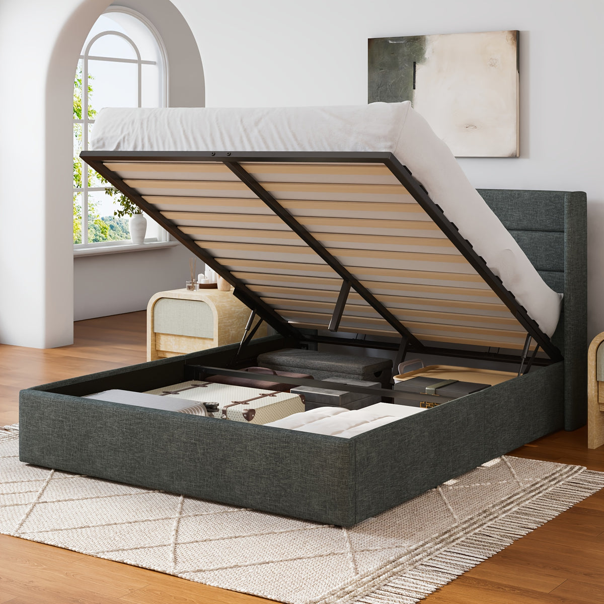 lift storage bed modern wingback upholstered - Temu