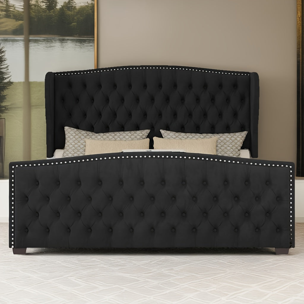 queen platform bed frame wingback headboard velvet - Temu