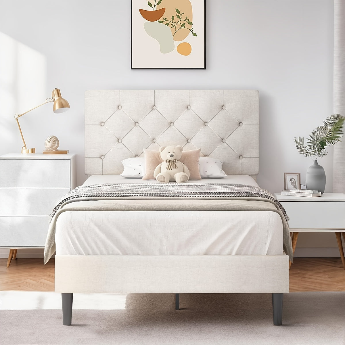 twin full queen king size bed frame headboard linen fabric - Temu