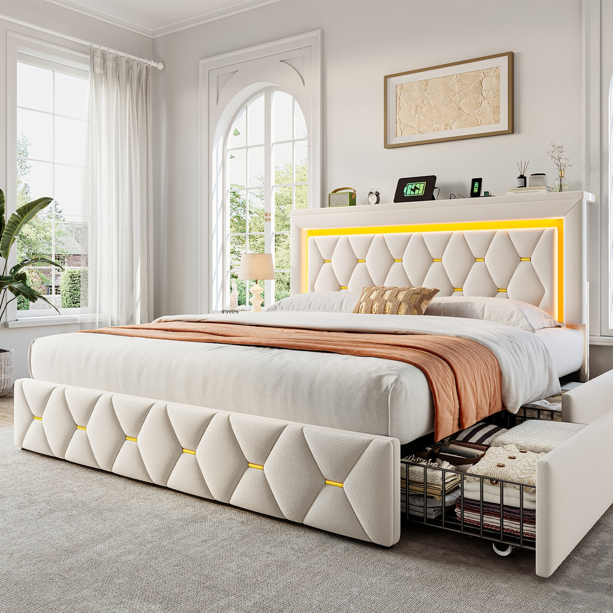 4 drawer upholstered metal platform bed full queen size - Temu