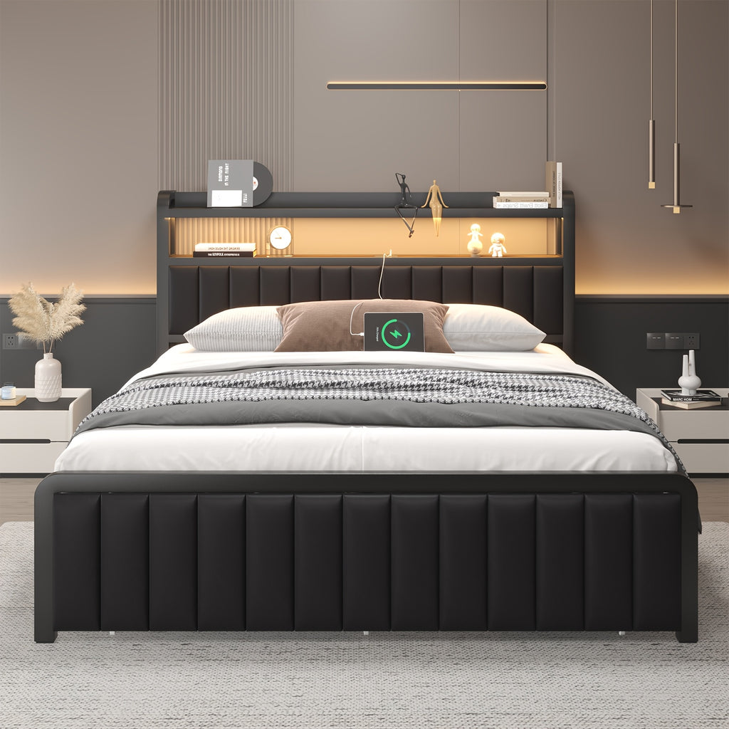 metal platform bed frame 2 tier storage headboard hidden - Temu