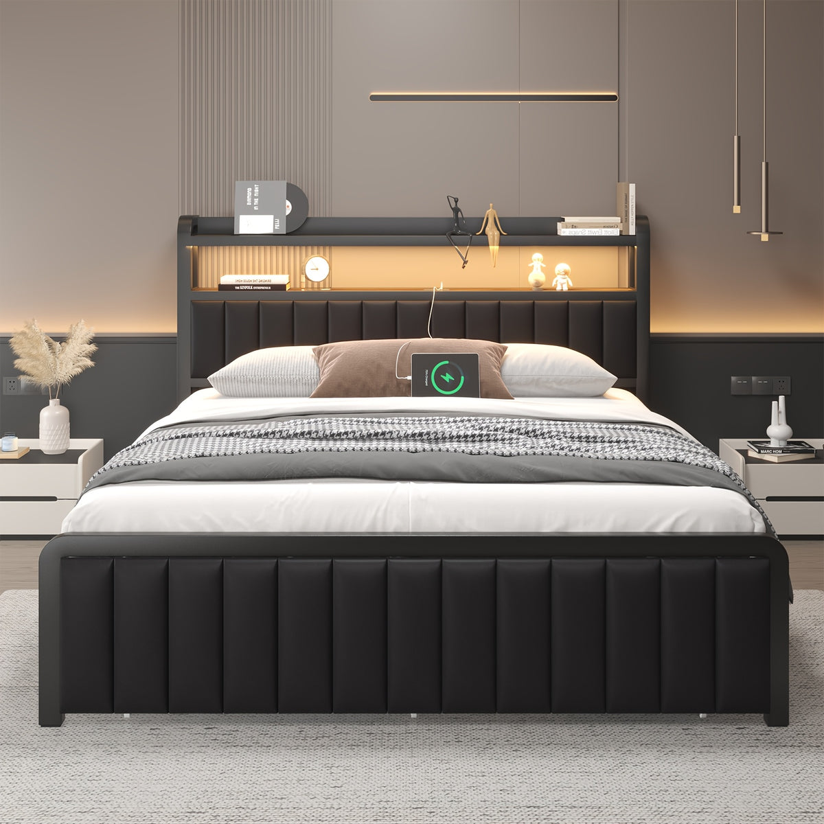 metal platform bed frame 2 tier storage headboard hidden - Temu