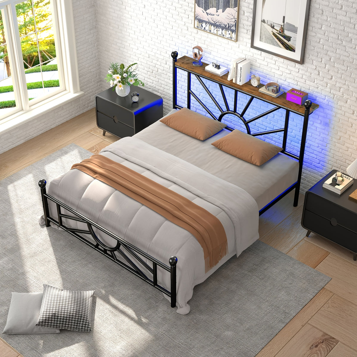 twin full queen king retro metal bed frame led lights - Temu