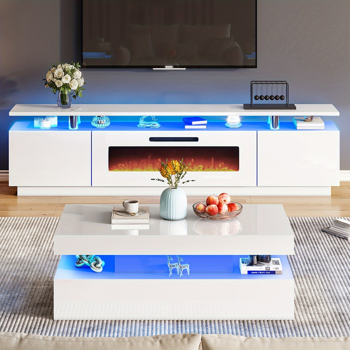 high gloss led coffee table modern 2 tier center table led - Temu