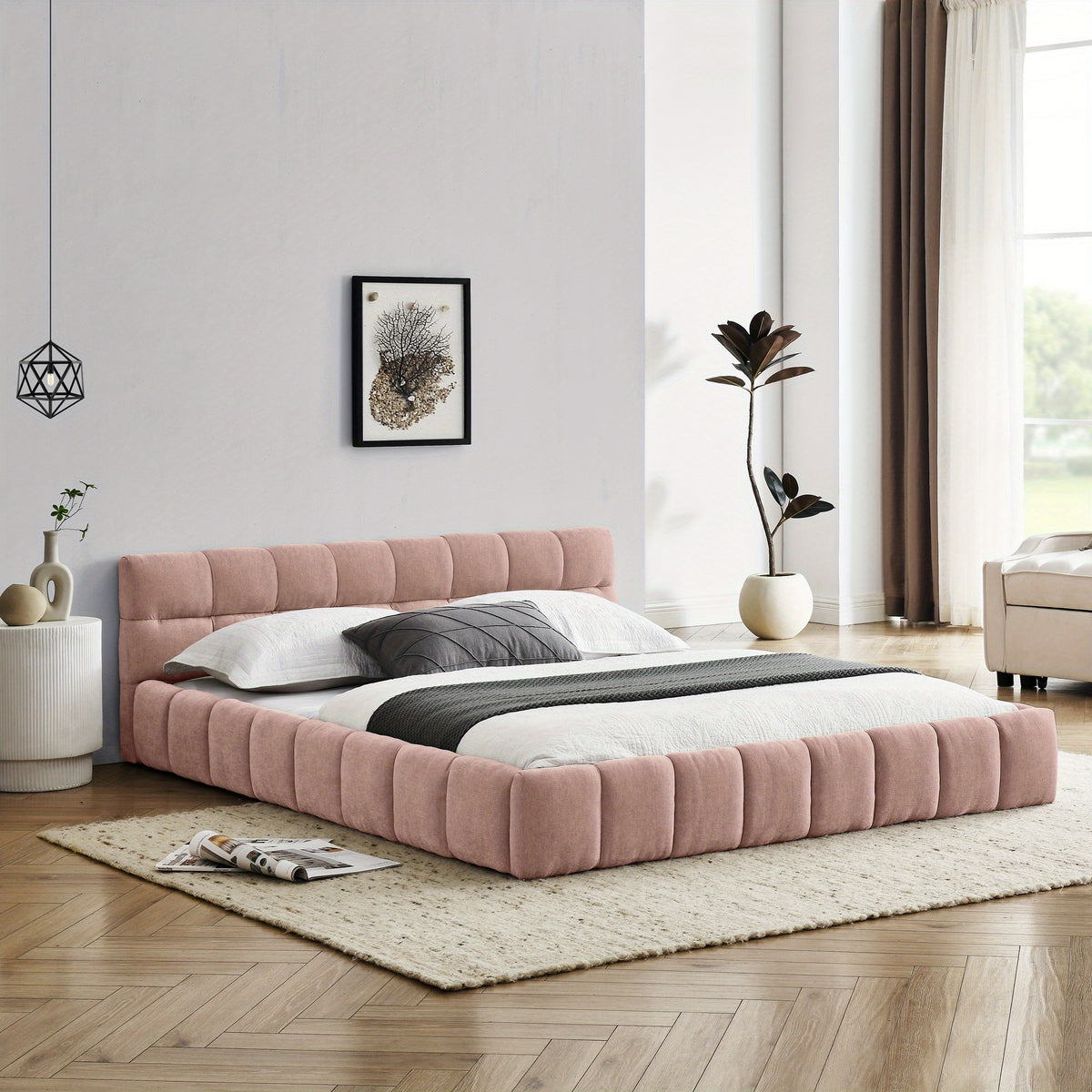 68 queen size modern bed cute puff grid pattern chenille - Temu