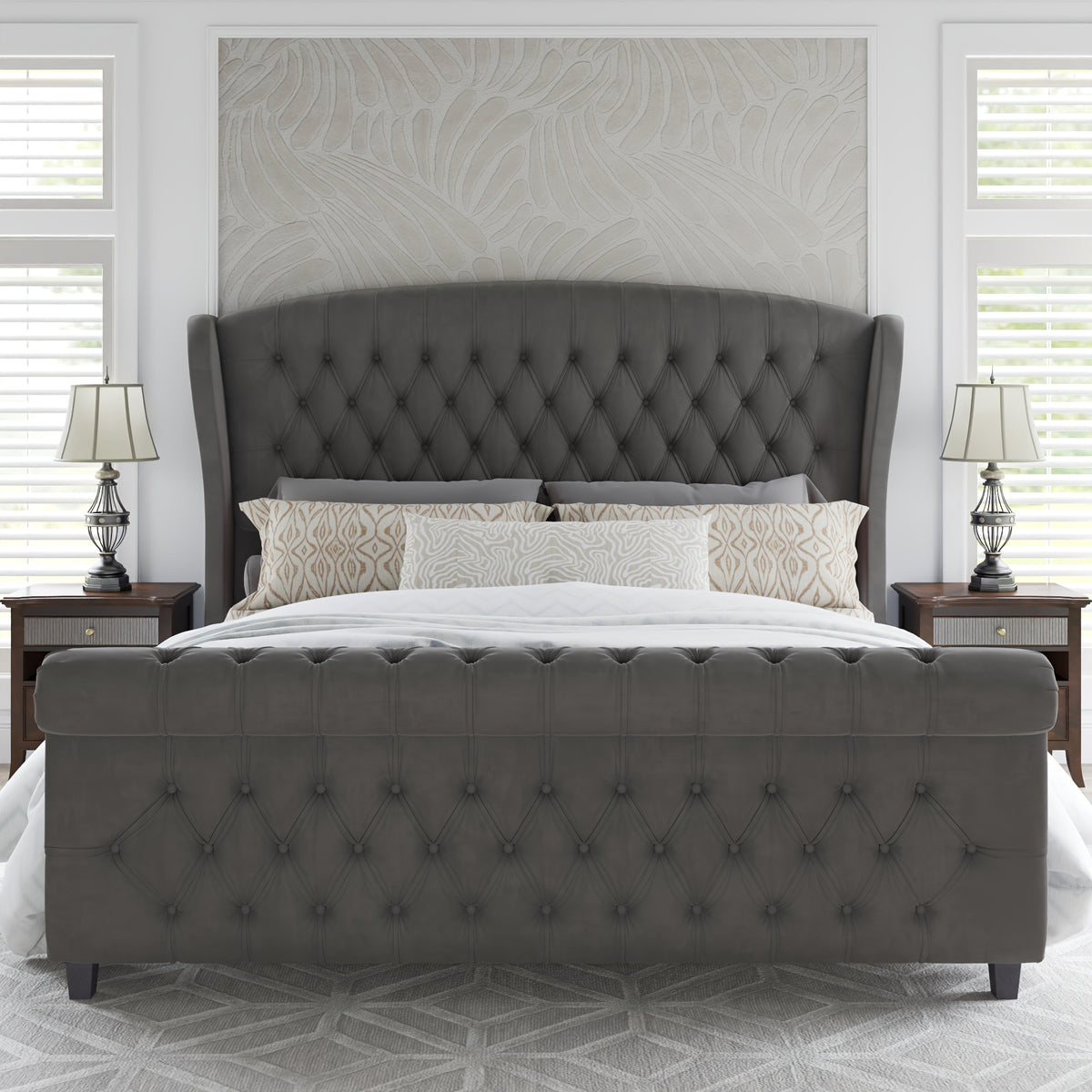 platform bed frame chenille upholstery featuring a scroll - Temu