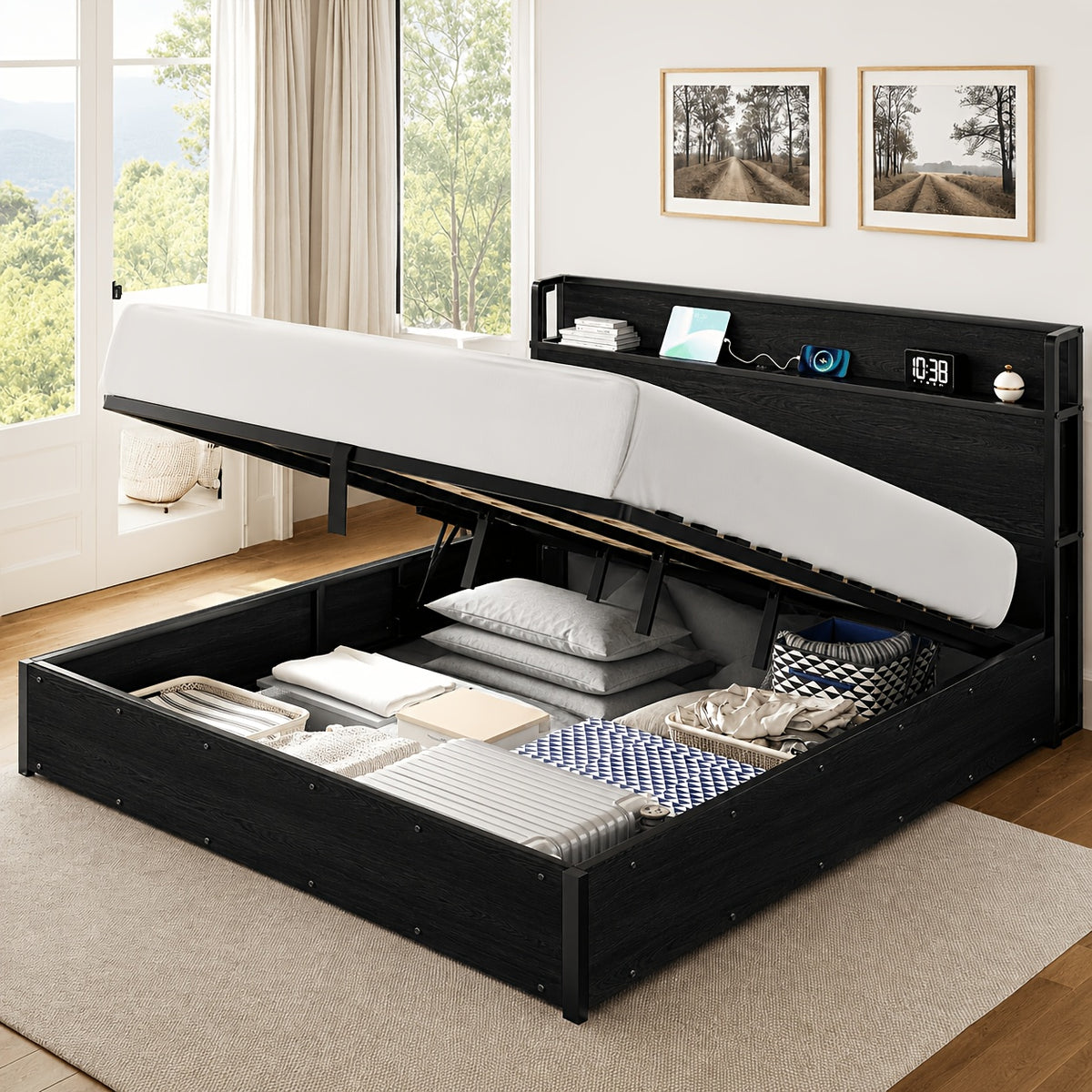 full queen king size lift storage bed wood platform bed - Temu