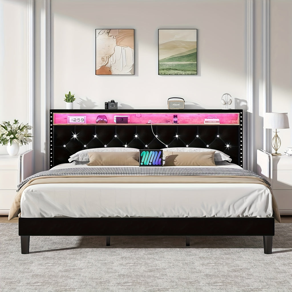 bed frame led lights velvet upholstered platform bed storage - Temu