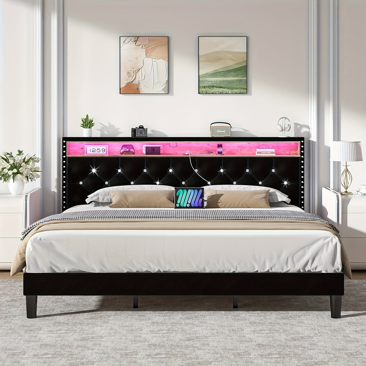 bed frame led lights velvet upholstered platform bed storage - Temu
