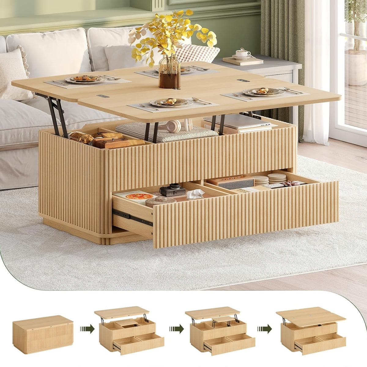 fluted lift top coffee table 2 drawers large hidden storage - Temu