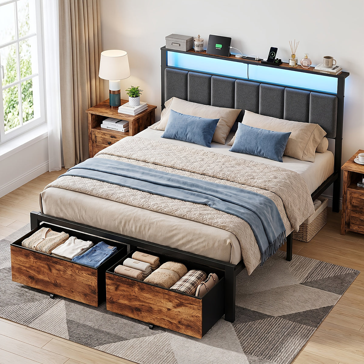 upholstered bed frame 2 bed storage drawers metal platform - Temu