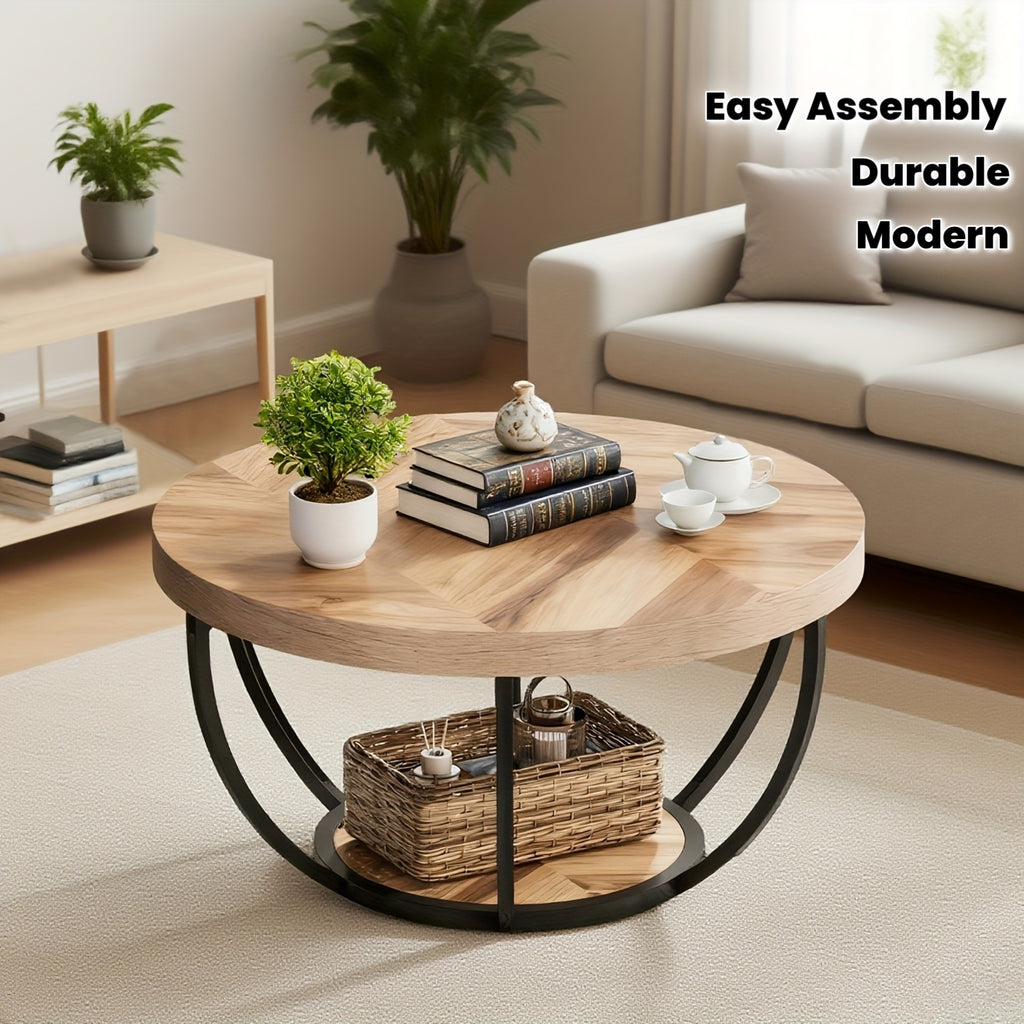 31 7 round coffee table 2 tier storage shelves rustic brown - Temu
