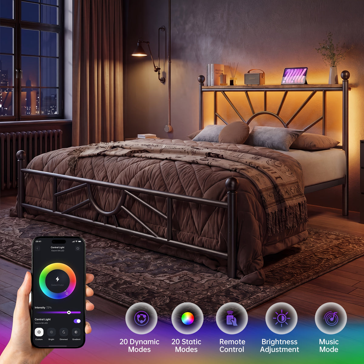 twin full queen king metal bed frame rgb led headboard large - Temu