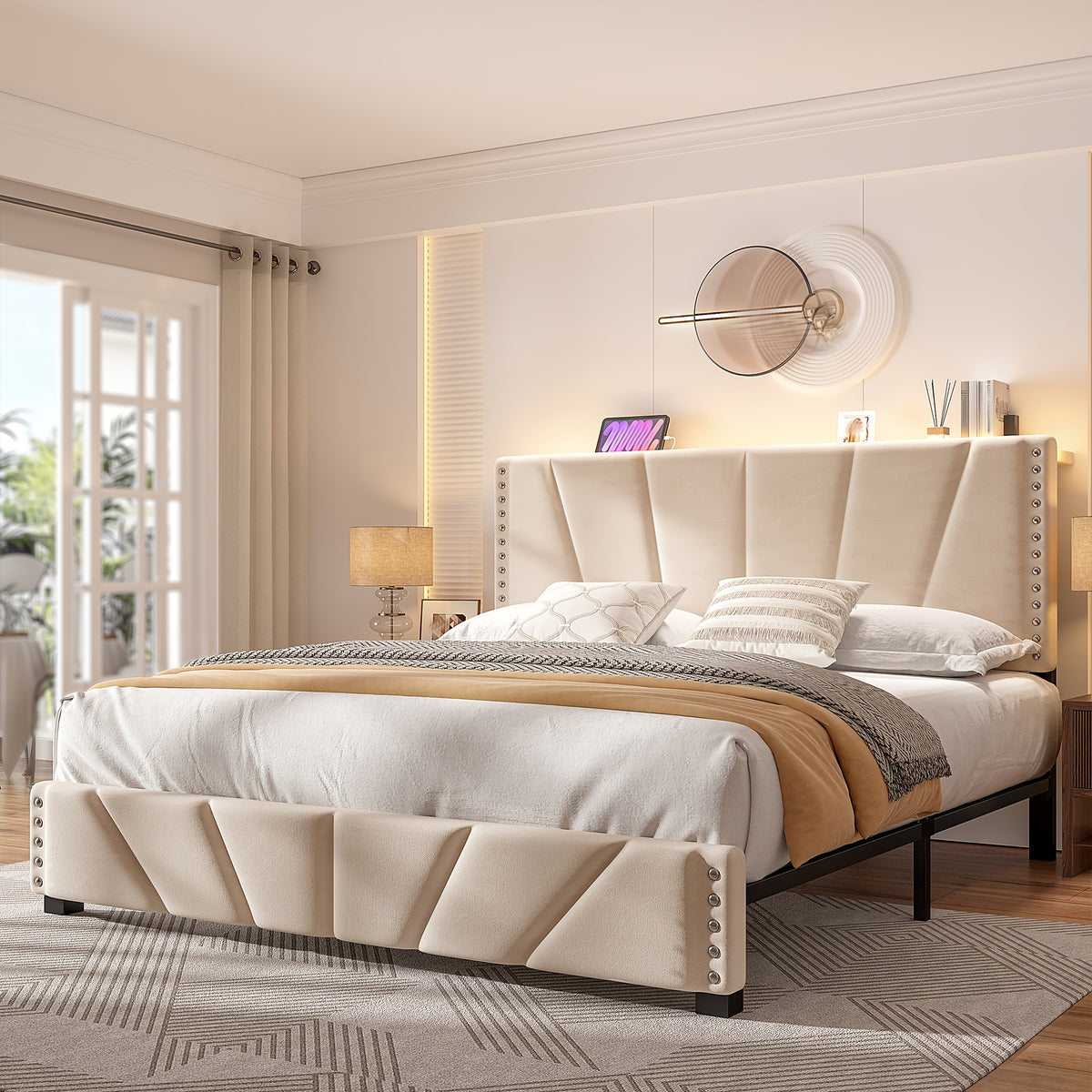 king queen size upholstered platform durable bed frame rgb - Temu