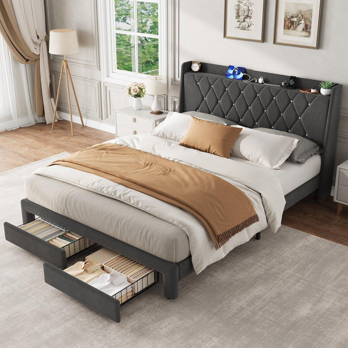 queen velvet upholstered platform bed frame storage drawers - Temu