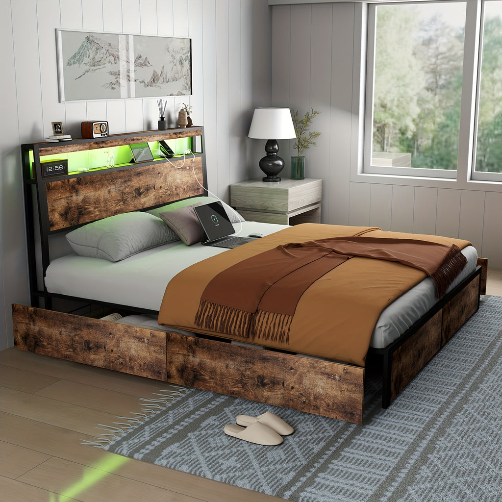full queen king size bed frame 4 storage drawers headboard - Temu
