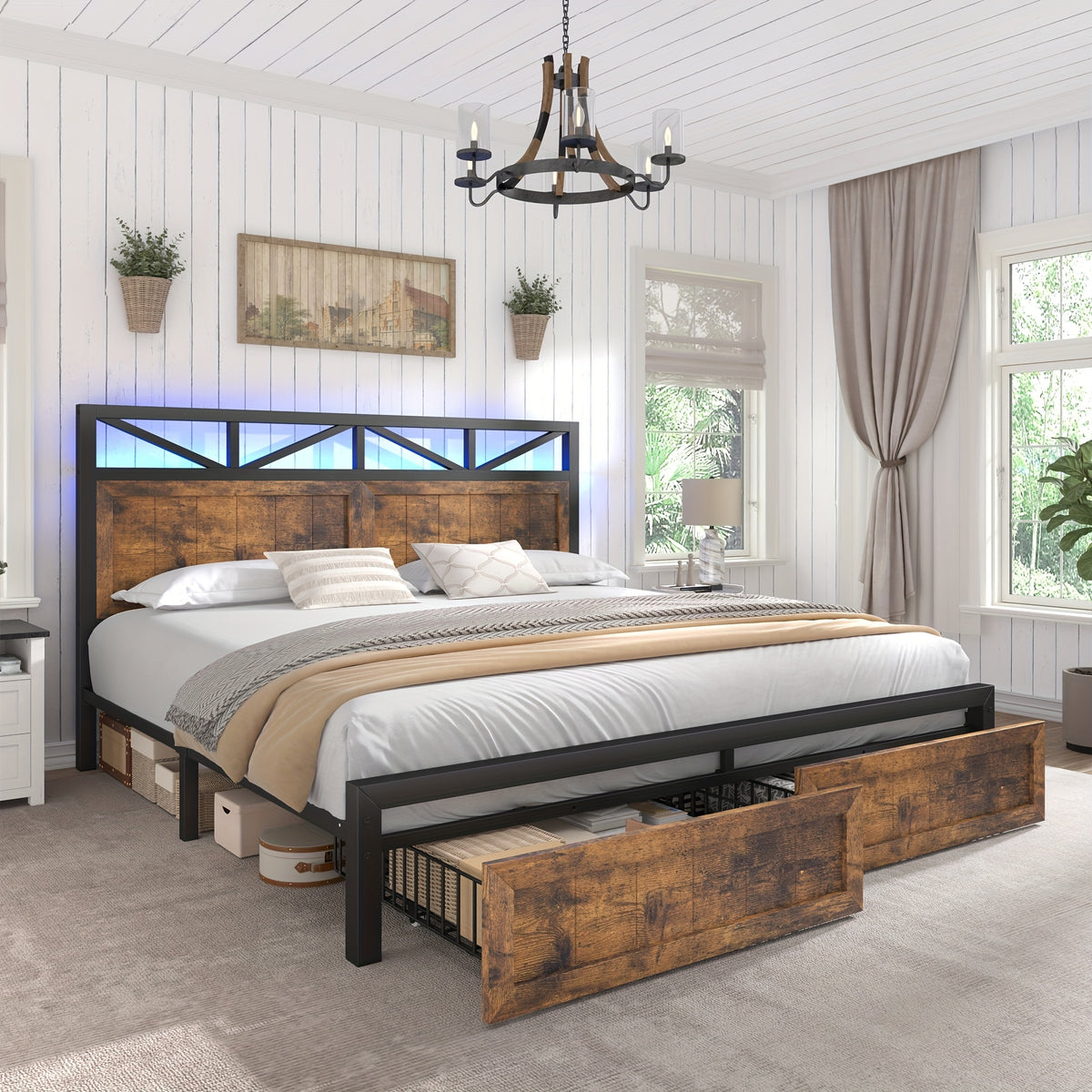 full queen king size bed frame headboard storage 2 drawers - Temu