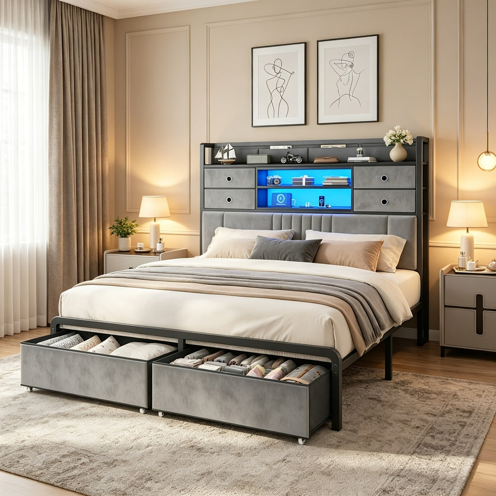 velvet platform bed frame headboard storage 4 fabric - Temu