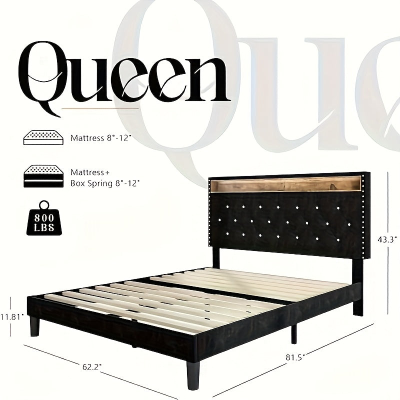 bed frame led lights velvet upholstered platform bed storage - Temu