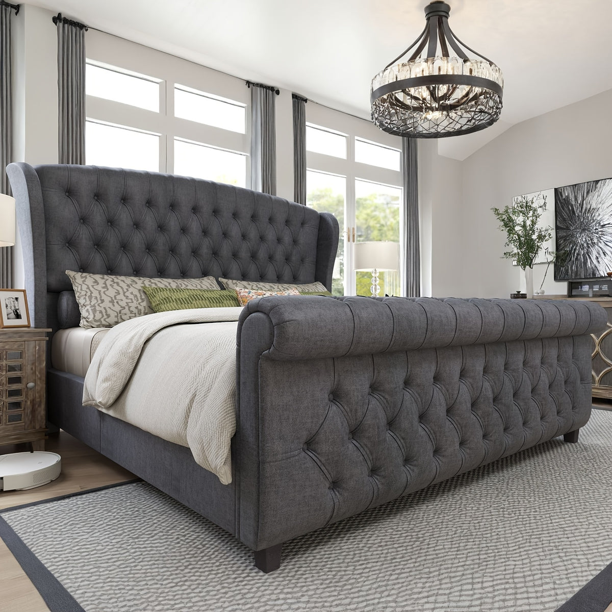 velvet upholstered platform bed frame sleigh design curved - Temu