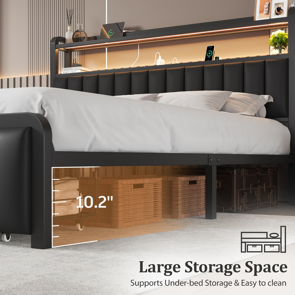 metal platform bed frame 2 tier storage headboard hidden - Temu