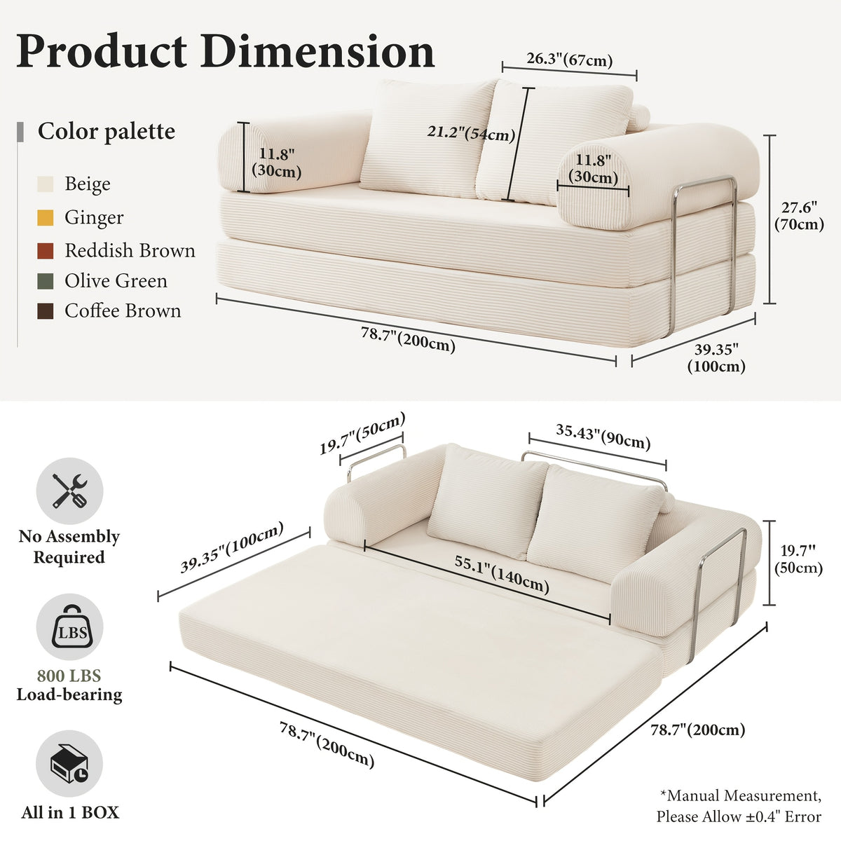 folding sofa bed 78 8 inch combination sofa high rebound - Temu