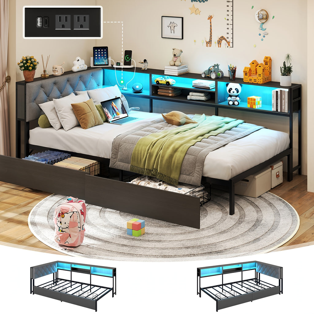 twin twin xl corner bed frame storage bookcase 2 drawers - Temu