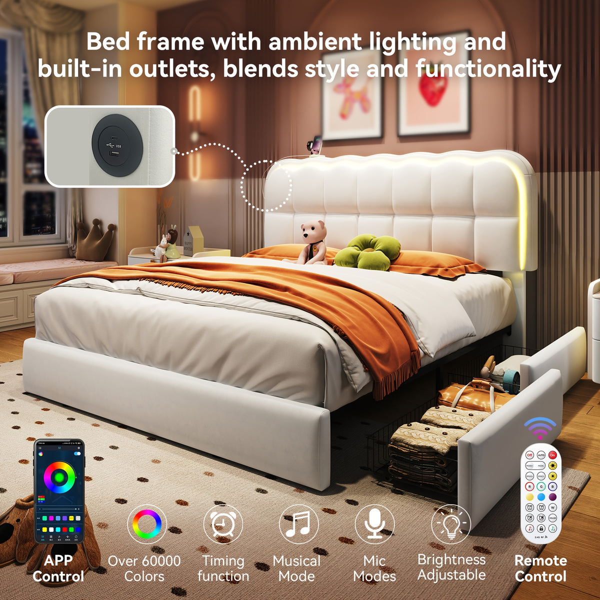 mraeer twin full queen bed frame led lighting 2 4 storage - Temu