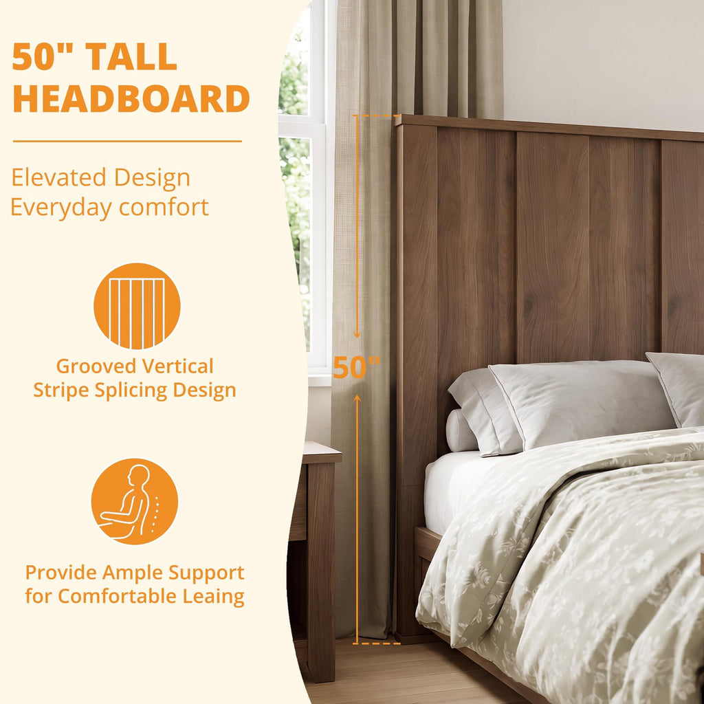 queen size platform bed frame tall wood headboard wood slats - Temu