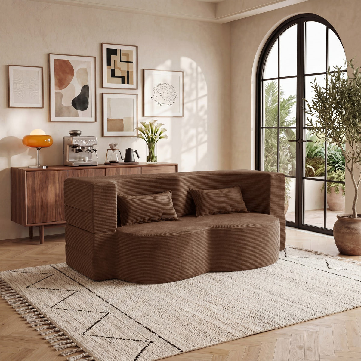 modern floor sofa 2 pillows convertible plush corduroy foam - Temu