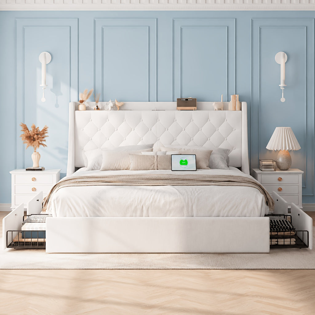 bed frame charging station linen fabric storage headboard - Temu