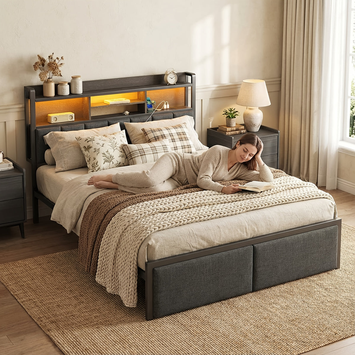 full upholstered platform bed storage drawers usb charging - Temu