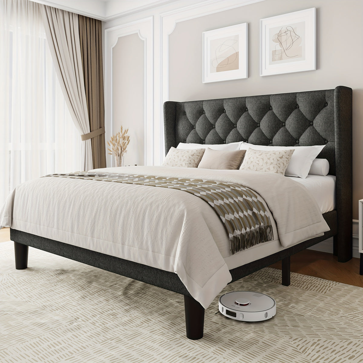 bed frame button tufted headboard platform bed 8 bed storage - Temu