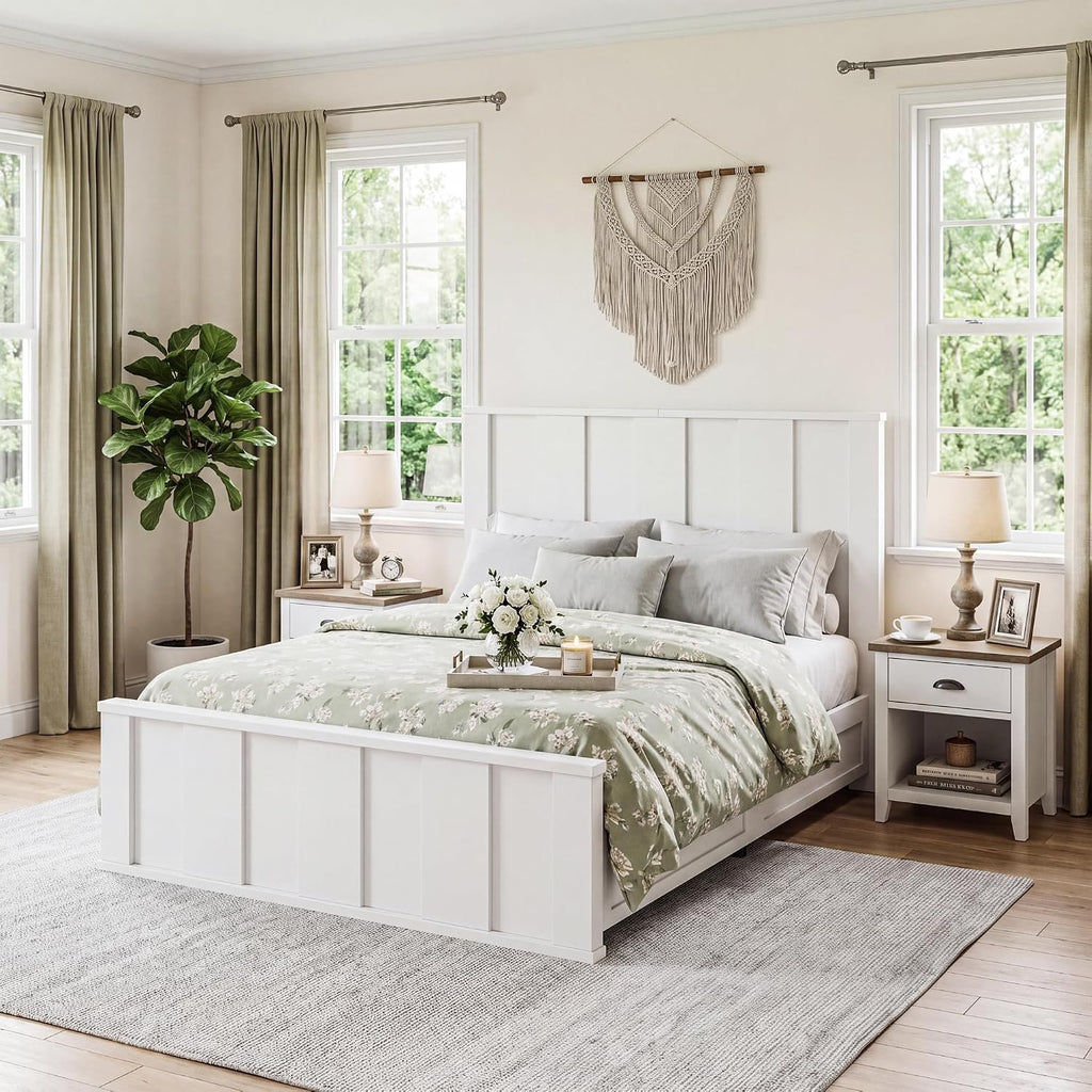 queen size platform bed frame tall wood headboard wood slats - Temu