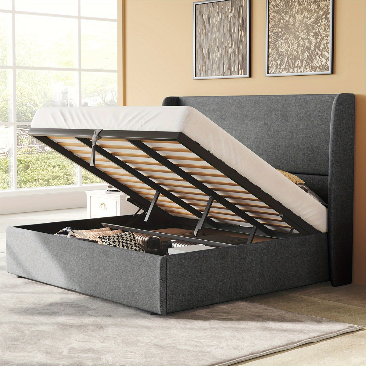 fabric lift storage bed frame featuring wingback - Temu