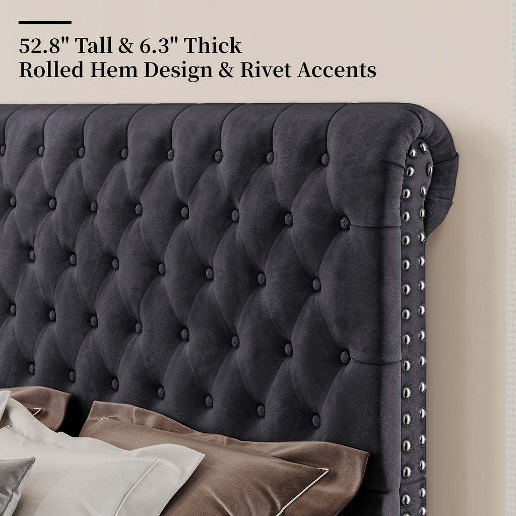 bed frame king queen size velvet tall headboard king - Temu