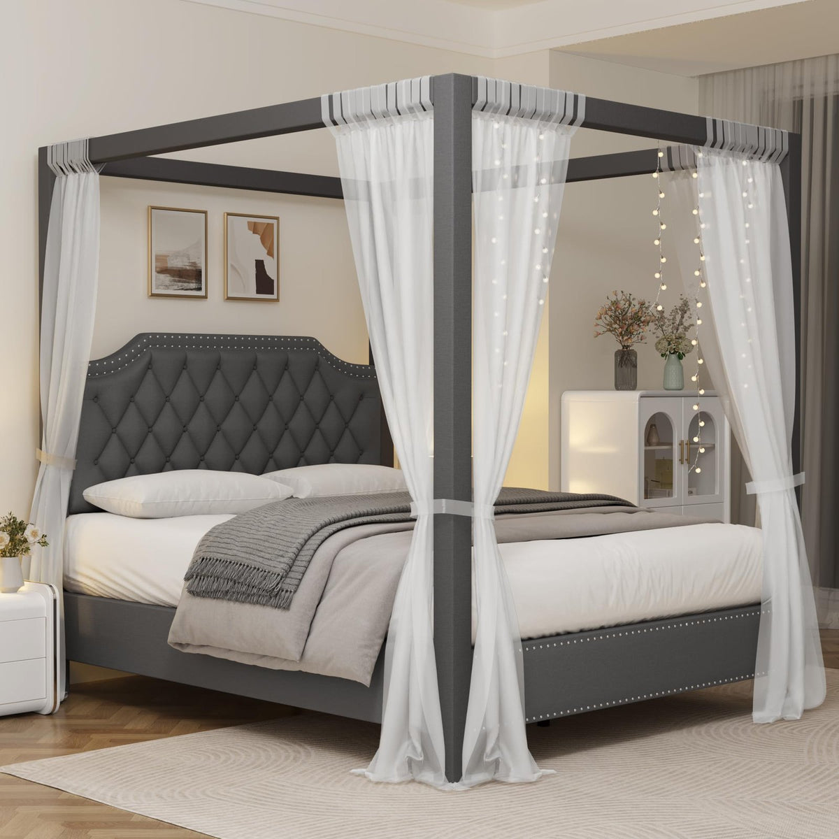 queen full size wingback upholstered canopy platform bed - Temu