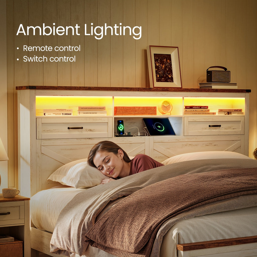 king size farmhouse bed frame charging station led lights 51 - Temu