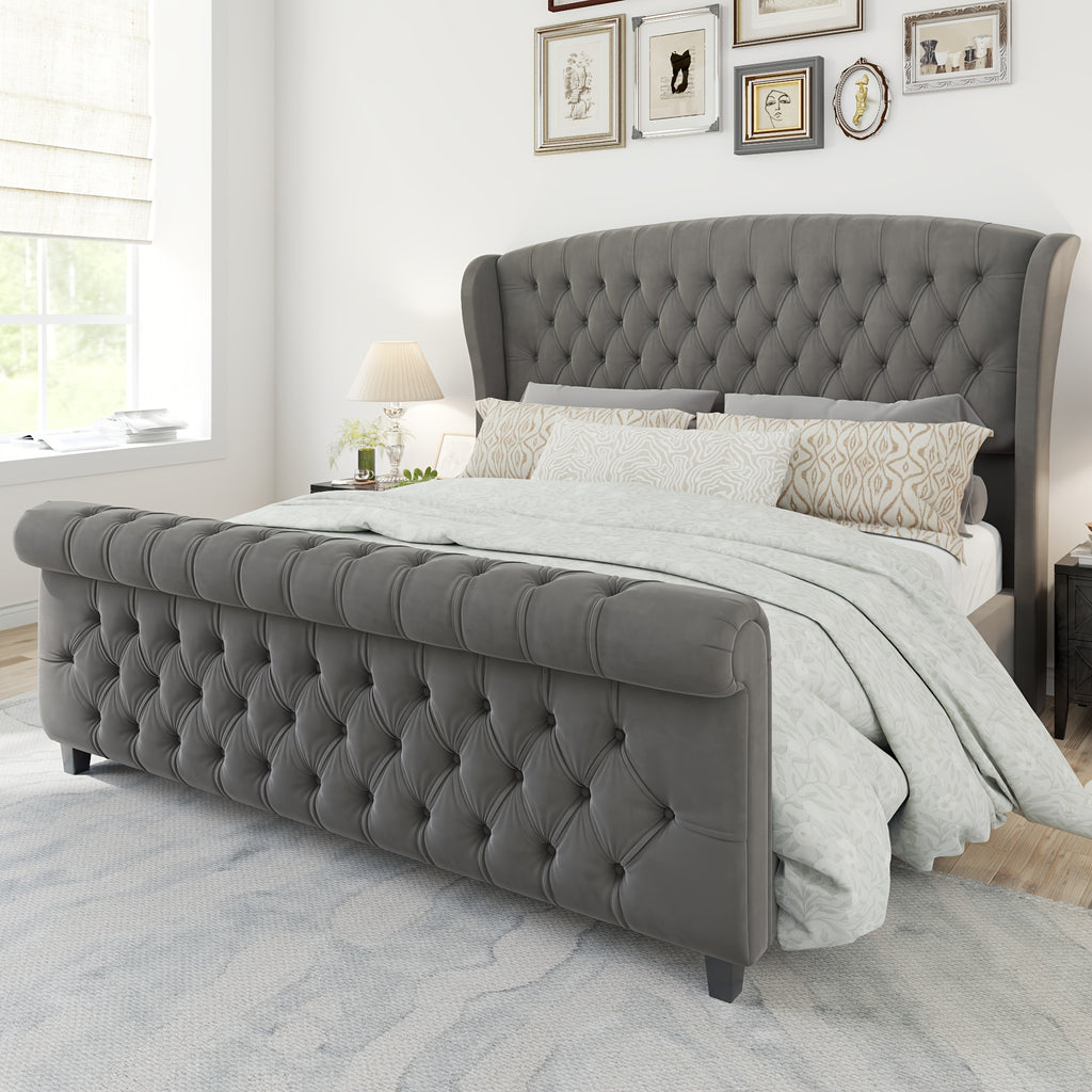 chenille upholstered platform bed frame scroll wingback - Temu