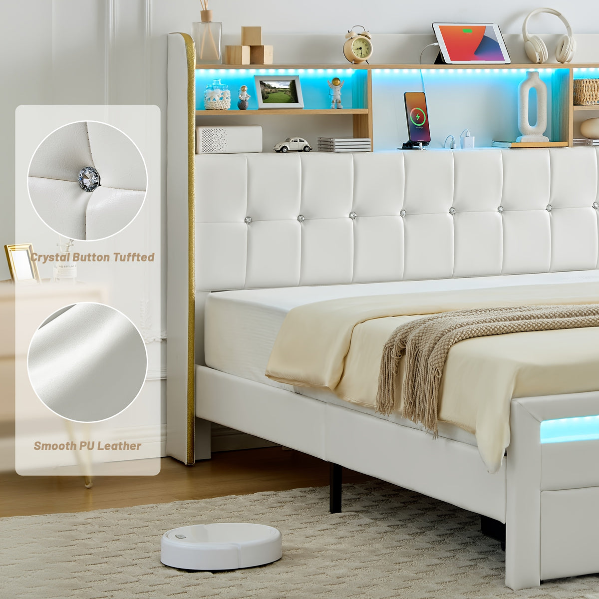 a queen sized bed frame featuring a headboard bookcase - Temu