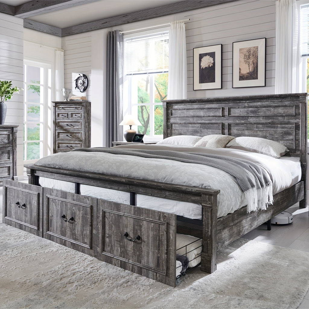farmhouse king queen size bed frame 51 tall headboard wood - Temu