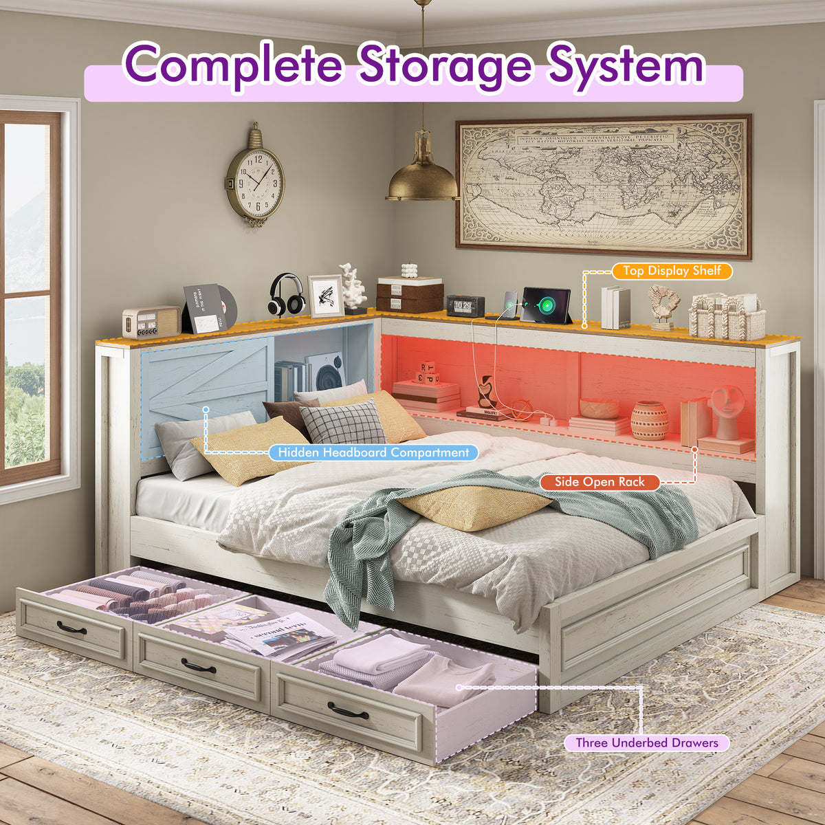 storage corner bed frame bookcase headboard led - Temu