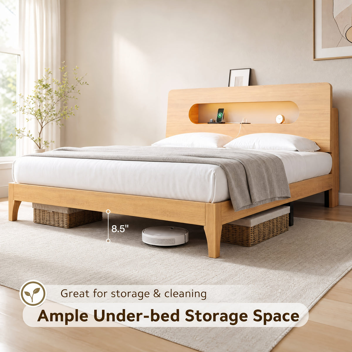 led bed frame usb charging storage shelf solid wood platform - Temu