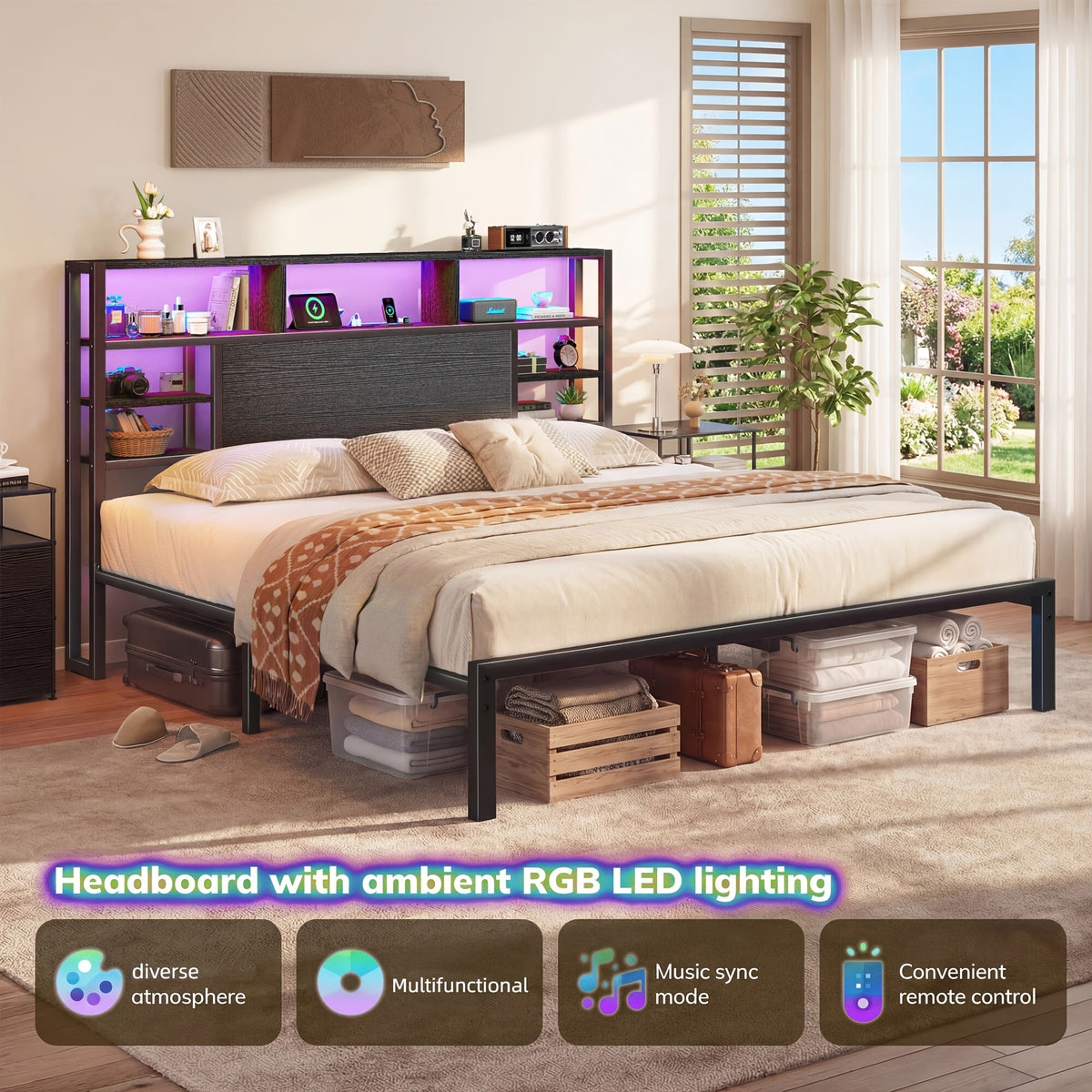 full queen king size bed frame   storage headboard - Temu