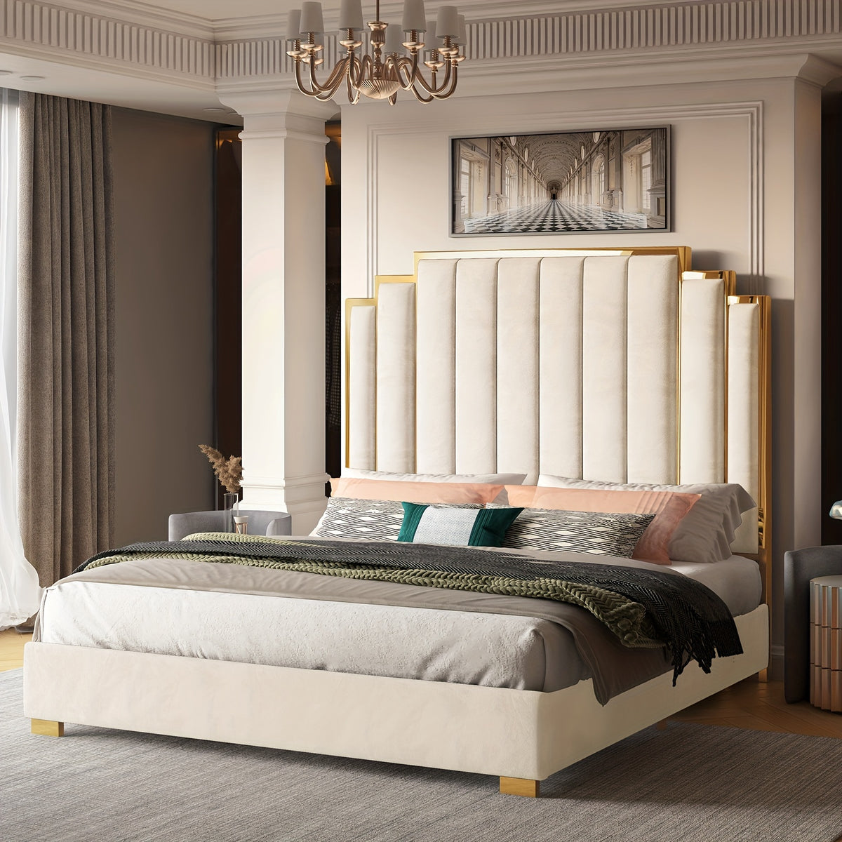a platform bed frame measuring 65 inches featuring a velvet - Temu